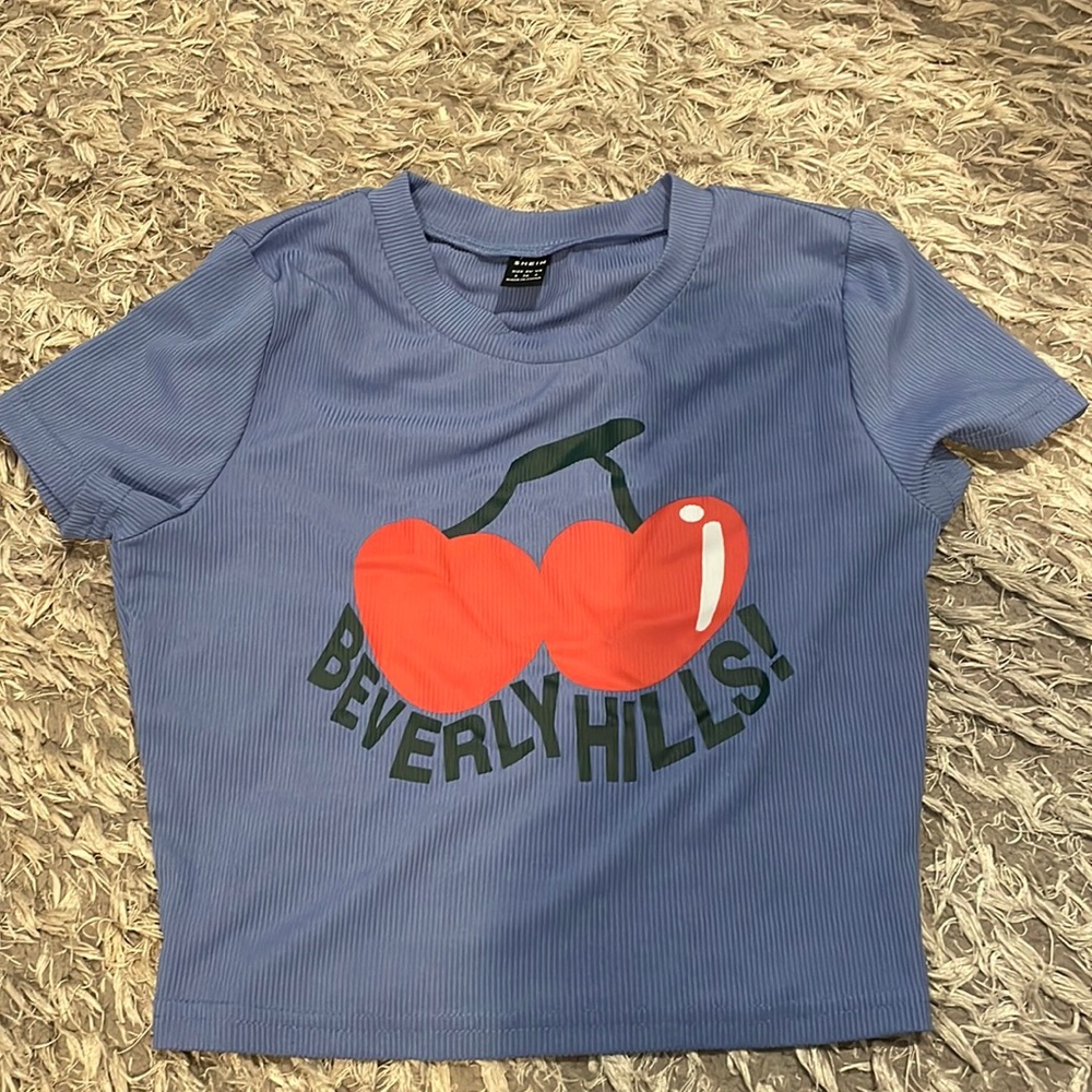 Blue Beverly Hills t shirt crop top with cherrys